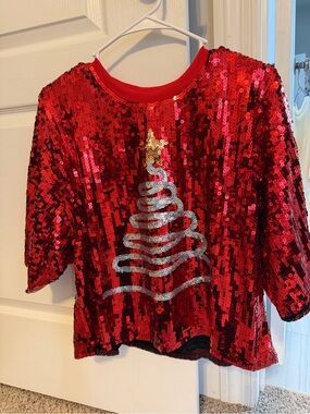 Main Strip Red Sequin Holiday Top with Silver Tree Detail